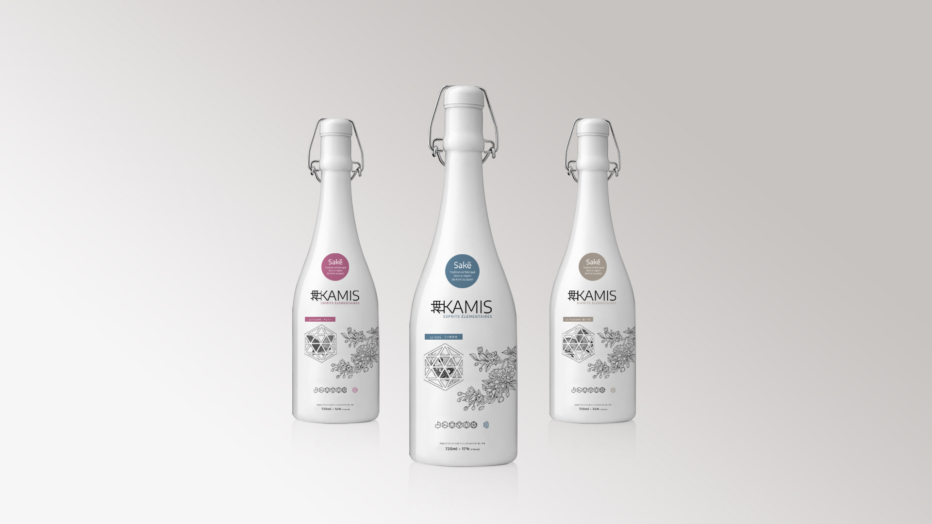 Création de packagings de bouteilles pour la gamme de saké Kamis