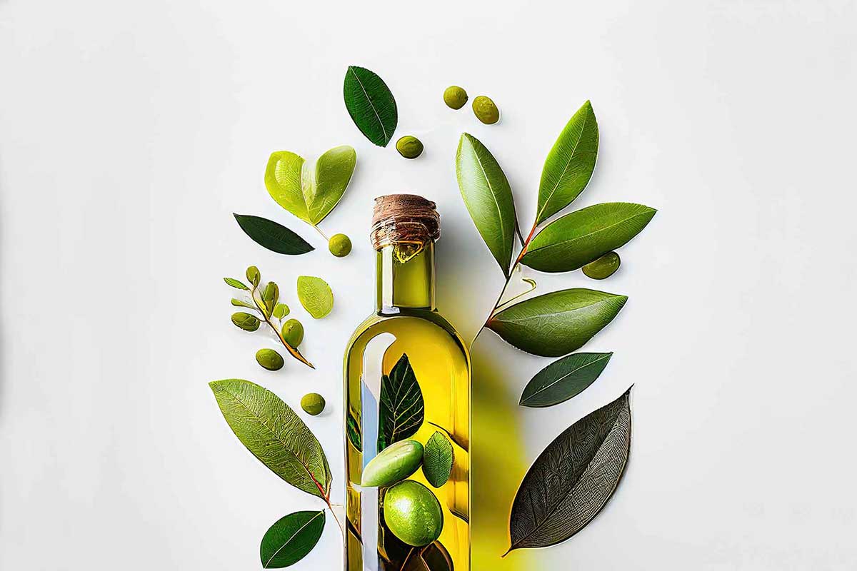 Création de l'identité visuelle d'Olio Vitalo et déclinaison sur les packagings de bouteilles d'huile d'olive.