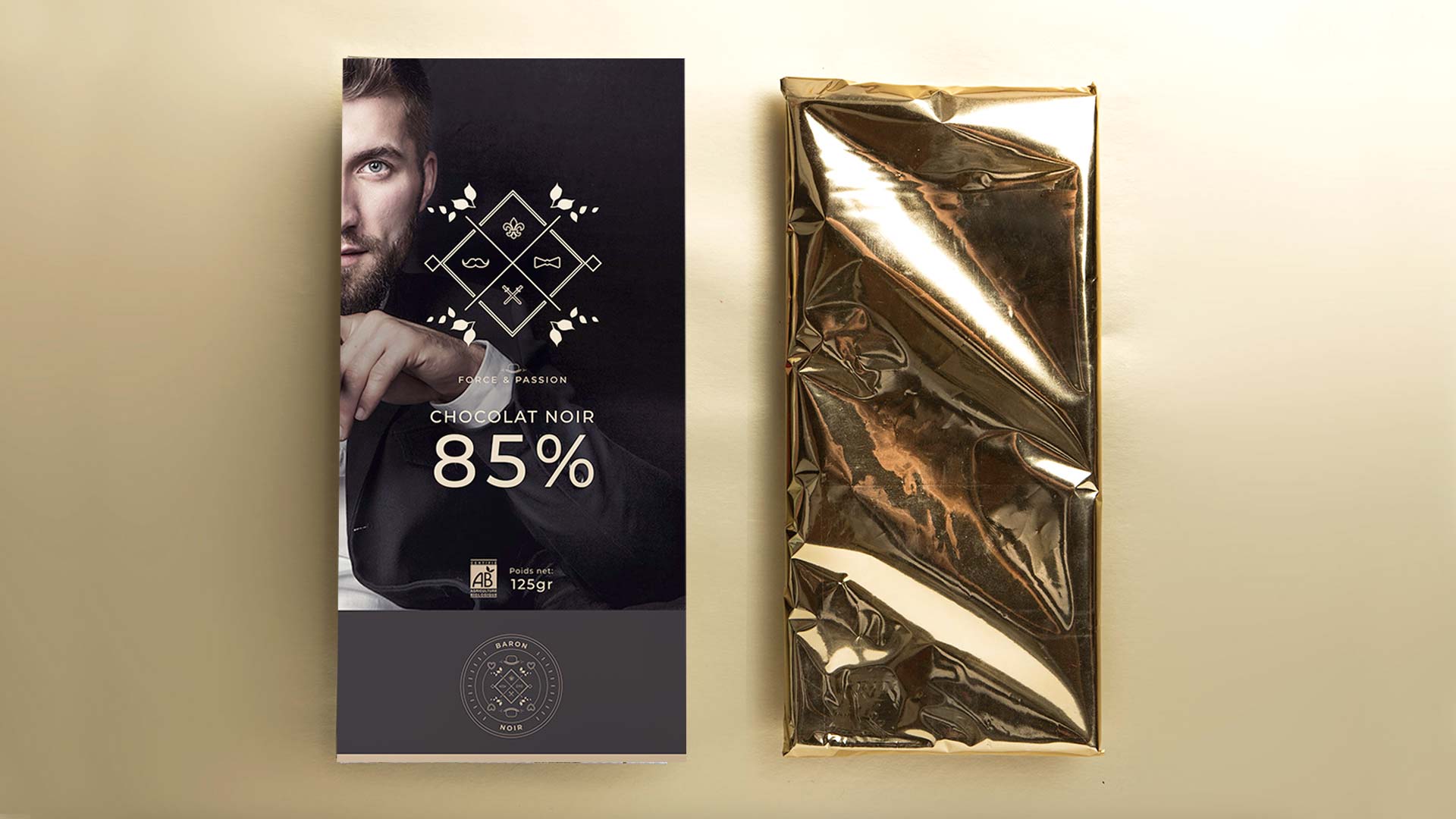 Création de packagings pour la marque de chocolat Baron Noir. Design et création sur Lyon et partout en France.